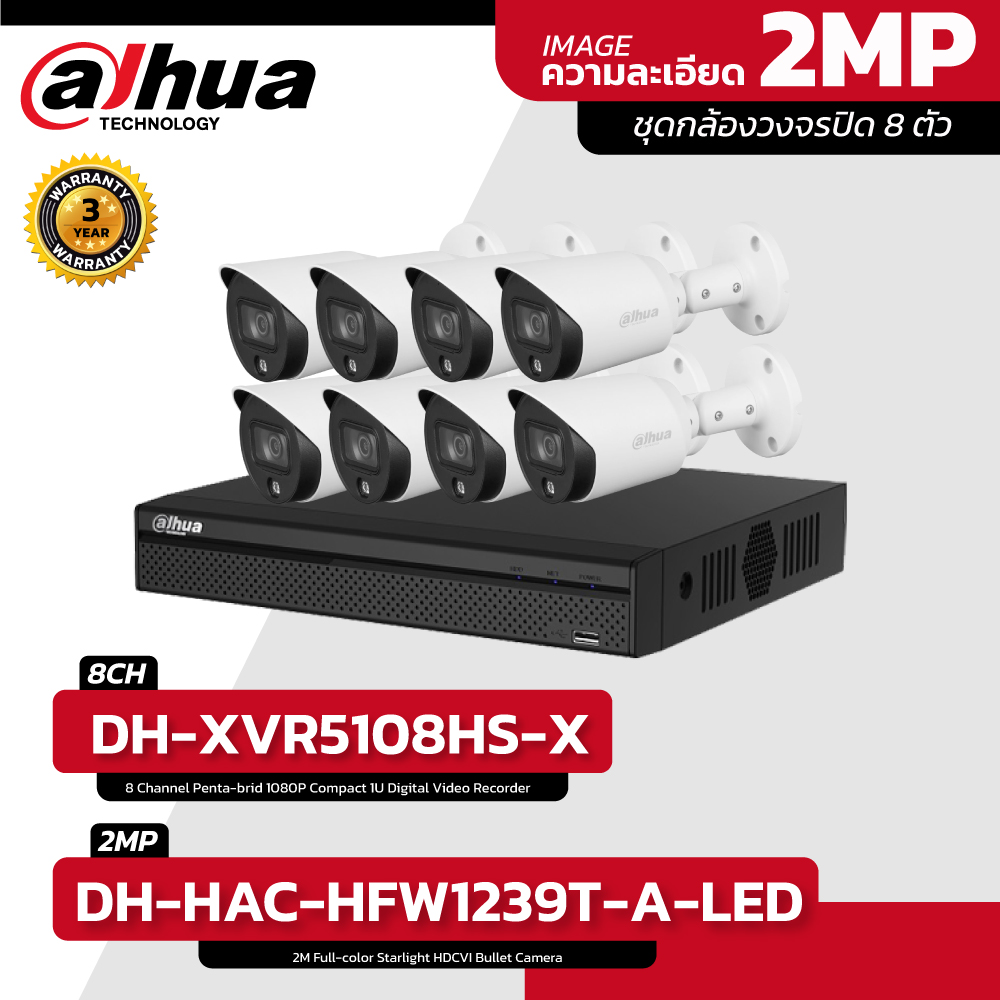 ชุดกล้องวงจรปิด 8 ตัว รุ่น DH-HAC-HFW1239T-A-LED และ DH-XVR5108HS-X